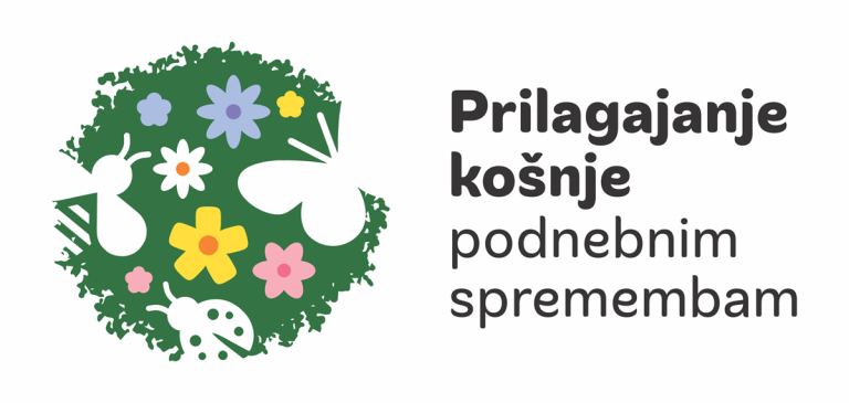 Logotip projekta Prilagajanje košnje podnebnim spremembam. Na zelenem ozadju, ki predstavlja travnik so cvetovi različnih barv in silhuete čebele, metulja in pikapolonice.